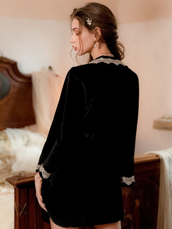 ローブ 寝巻き ナイトガウン ベロア レース ツートン ランジェリー