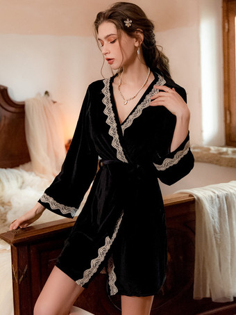 ブラック ローブ 寝巻き ナイトガウン ベロア レース ツートン ランジェリー