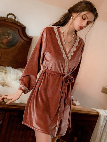 サーモンピンクローブ 寝巻き ナイトガウン ベロア レース ツートン ランジェリー