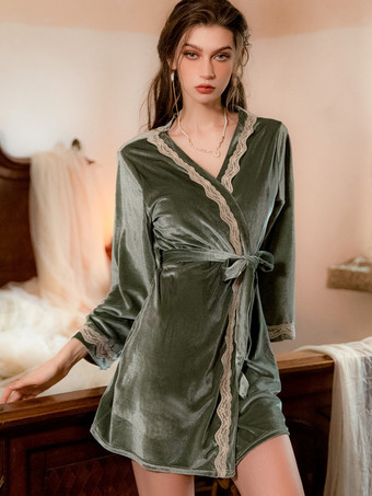 ダークグリーンローブ 寝巻き ナイトガウン ベロア レース ツートン ランジェリー