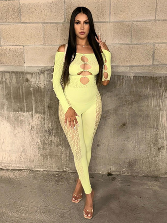 イエローフィッシュネットメッシュランジェリーボディストッキングホワイトカットアウトナイロン1ピースストッキング