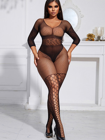 ランジェリー ストッキング フィッシュネット メッシュ ボディストッキング ブラック カットアウト 1ピース