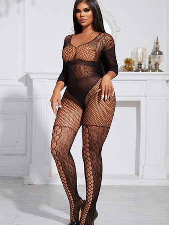 ランジェリー ストッキング フィッシュネット メッシュ ボディストッキング ブラック カットアウト 1ピース