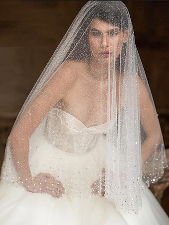 ウェディングベール 1層 スパンコール ネット パールトリムエッジ クラシックブライダルベール