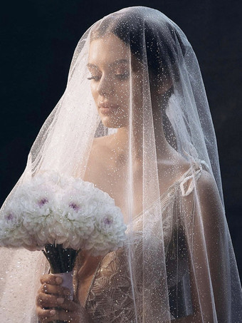 ホワイト ウェディングベール 1層 スパンコール ネット パールトリムエッジ クラシックブライダルベール