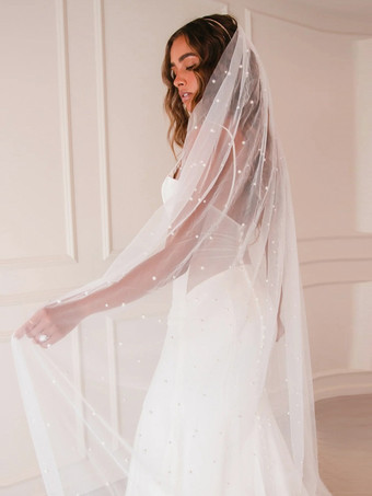 ウェディングベール 1層パールネットカットエッジウォーターフォールブライダルベール