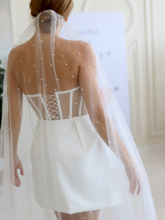 アイボリーウェディングベール 1層パールネットカットエッジウォーターフォールブライダルベール