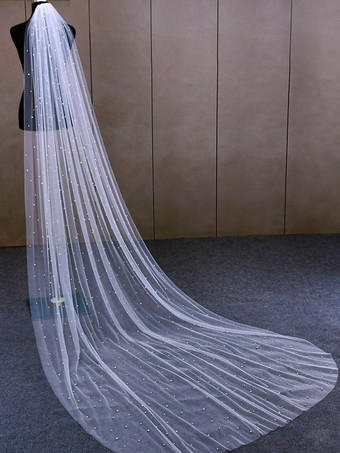 ホワイト ウェディングベール 1層パールネットカットエッジウォーターフォールブライダルベール