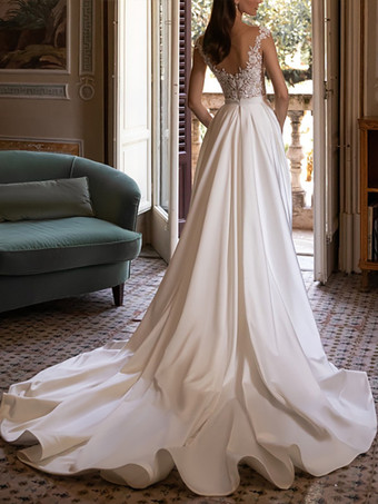 シンプルなウェディングドレス ツーピース Vネック ノースリーブ プリーツ ブライダルドレス 取り外し可能なトレーン