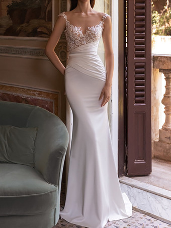 シンプルなウェディングドレス ツーピース Vネック ノースリーブ プリーツ ブライダルドレス 取り外し可能なトレーン