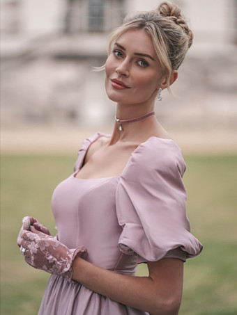 イブニングドレス プリンセスシルエット スクエアネック サテン生地 フロアレングス ボタン 社交パーティードレス