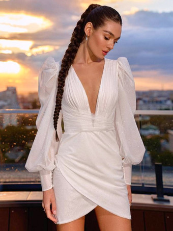 ショートウェディングドレス ショートVネック ロングスリーブ ショートチュールブライダルドレス