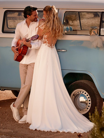 ボヘミアンウェディングドレス ラウンドネック 半袖 オーバルバックカットアウト スリットスカート スモールトレーン