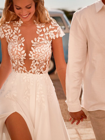 ボヘミアンウェディングドレス ラウンドネック 半袖 オーバルバックカットアウト スリットスカート スモールトレーン