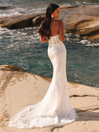 ウェディングドレス フロアレングス ノースリーブ レース ストラップレス ブライダルガウン