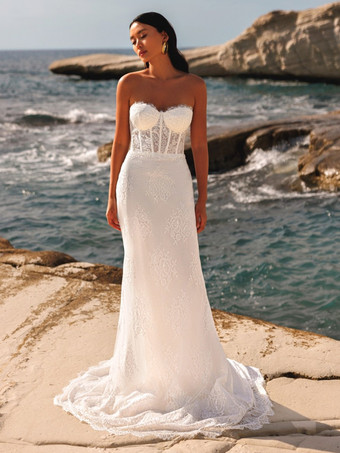 ウェディングドレス フロアレングス ノースリーブ レース ストラップレス ブライダルガウン