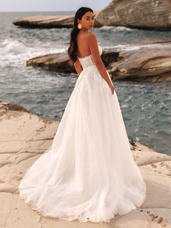 ウェディングドレス フロアレングス ノースリーブ レース ストラップレス ブライダルガウン