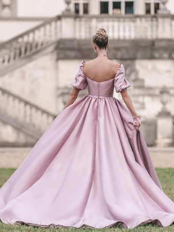 イブニングドレス プリンセスシルエット スクエアネック サテン生地 フロアレングス ボタン 社交パーティードレス