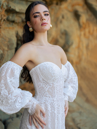 ブラック ロイヤル ウェディングドレス プリンセスシルエット ハーフスリーブ ボタン レース トレーン付き ブライダルガウン