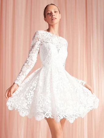 ショートウェディングドレス 膝丈 ジュエルネック 長袖 Aライン ナチュラルウエスト レース ショートブライダルドレス