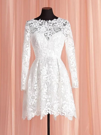 ショートウェディングドレス 膝丈 ジュエルネック 長袖 Aライン ナチュラルウエスト レース ショートブライダルドレス
