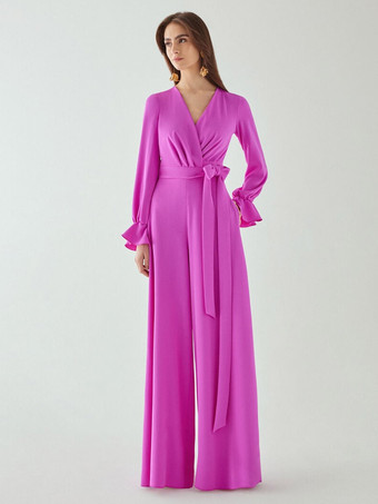 ピーチブライダルマザードレス Vネック 長袖 ジャンプスーツ リボン フロアレングス ウェディングゲストドレス