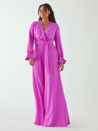 ブライダルマザードレス Vネック 長袖 ジャンプスーツ リボン フロアレングス ウェディングゲストドレス