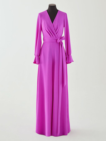 ブライダルマザードレス Vネック 長袖 ジャンプスーツ リボン フロアレングス ウェディングゲストドレス