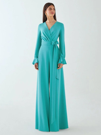 ターコイズグリーンブライダルマザードレス Vネック 長袖 ジャンプスーツ リボン フロアレングス ウェディングゲストドレス