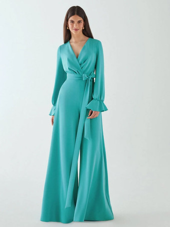 ブライダルマザードレス Vネック 長袖 ジャンプスーツ リボン フロアレングス ウェディングゲストドレス