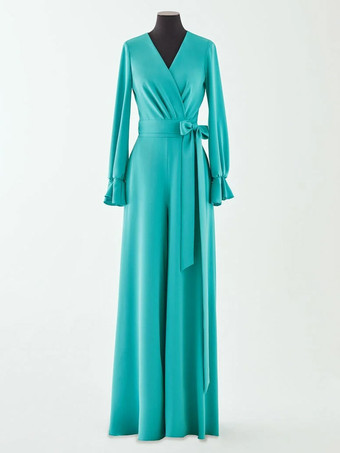 ブライダルマザードレス Vネック 長袖 ジャンプスーツ リボン フロアレングス ウェディングゲストドレス