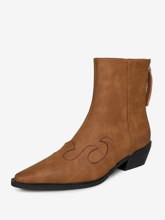 ブラウン レディース アンクルブーツ ポインテッドトゥ ジップアップ チェルシーブーツ