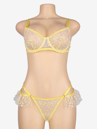 プラスサイズ ブラ パンティ セット イエロー フリル シアー ランジェリー