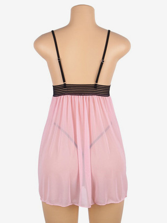 プラスサイズランジェリー 室内用 刺繍入り ピンク ベビードール シュミーズ