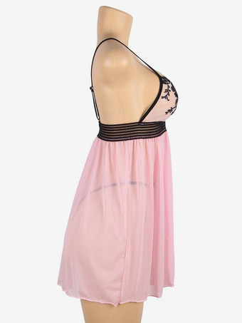 プラスサイズランジェリー 室内用 刺繍入り ピンク ベビードール シュミーズ