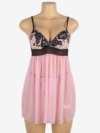 プラスサイズランジェリー 室内用 刺繍入り ピンク ベビードール シュミーズ