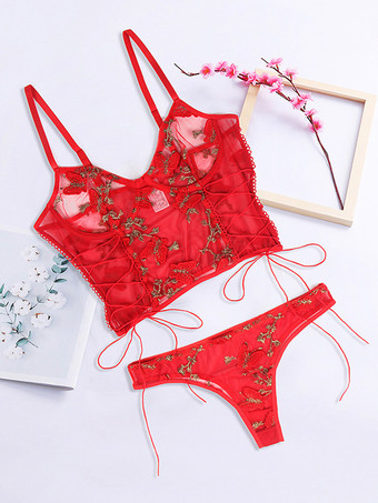 レッド 透け感のある刺繍入りパステルグリーンの2ピース プラスサイズ ランジェリー ブラ パンティ セット