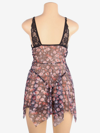 プラスサイズ ランジェリー ベビードール シュミーズ シックプリント ブラック バレンタイン フローラル