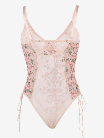 プラスサイズ ランジェリー レースアップ シアー ライトグレー レディース セクシー テディ