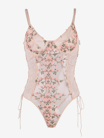 プラスサイズ ランジェリー レースアップ シアー ライトグレー レディース セクシー テディ