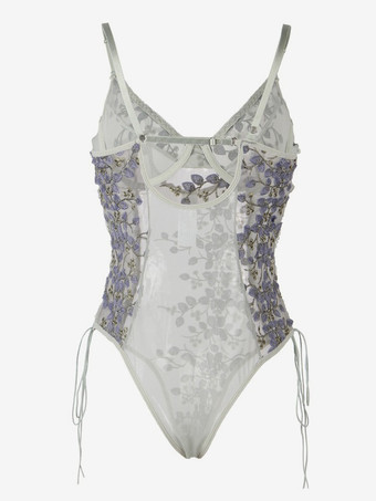 プラスサイズ ランジェリー レースアップ シアー ライトグレー レディース セクシー テディ