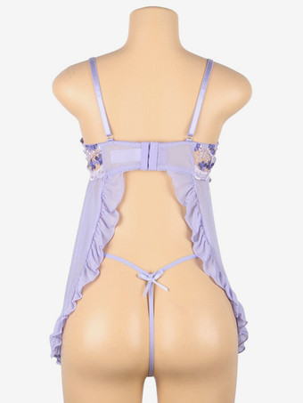 プラスサイズ ランジェリー ベビードール ラベンダー 刺繍 バックレス 2ピース 室内用シュミーズ