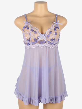 プラスサイズ ランジェリー ベビードール ラベンダー 刺繍 バックレス 2ピース 室内用シュミーズ