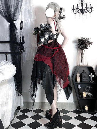 ゴシック ロリータ ドレス レース 花 レース 花柄プリント ブラック ブラック