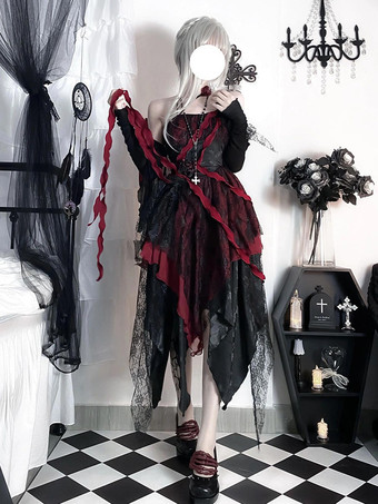 ゴシック ロリータ ドレス レース 花 レース 花柄プリント ブラック ブラック