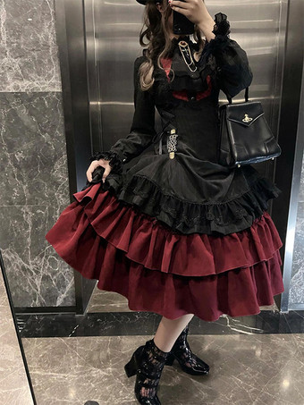 Vestidos góticos de lolita con cordones y volantes bloques de color negro