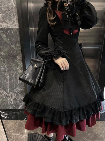 Vestidos góticos de lolita con cordones y volantes bloques de color negro