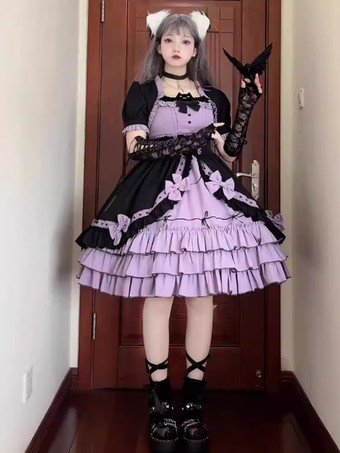 ゴシックロリータドレス フリル リボン パープル パープル