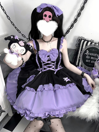   ゴシック ロリータ サスペンダードレス パープル ダークシリーズ 魔法少女 フリル レースアップ コスプレ衣装