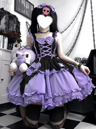   ゴシック ロリータ サスペンダードレス パープル ダークシリーズ 魔法少女 フリル レースアップ コスプレ衣装
